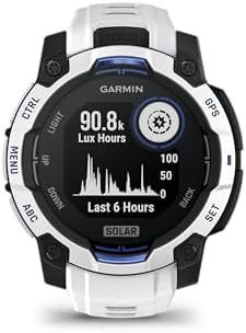 Garmin Instinct 3 – 45 mm, Solar, Rugged Outdoor GPS Smartwatch, Built-in Flashlight, Supernova Collection Limited Edition Color, Whitestone with Whitestone/Bolt Blue Silicone Band