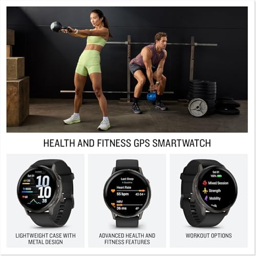 Garmin Venu 4, 45mm, Advanced Health and Fitness GPS Smartwatch, Bright and Colorful Display, Built-in Flashlight, 12 Days of Battery Life, Slate with Black Silicone Band