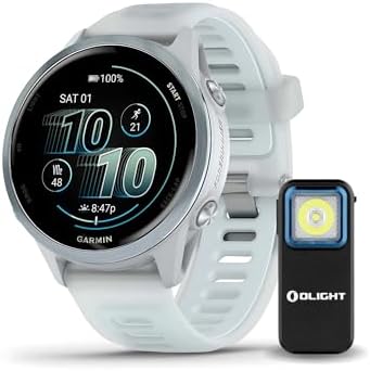 Garmin Forerunner 570 42mm Cloud Blue Aluminum GPS Smartwatch (2 Items) | Garmin Forerunner 570 42mm Aluminum GPS Watch, 1.2 Amoled 390×390, 10 Days/18 Hr GPS, 5 Atm, Bundle with Clip-on Flashlight