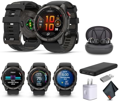 Garmin Fenix 8 Pro 51mm, AMOLED Display, inReach Technology, Premium Connected Multisport Fitness Tracker GPS Smartwatch, Sapphire Carbon Gray DLC Titanium with Black/Pebble Gray Silicone Band Bundle