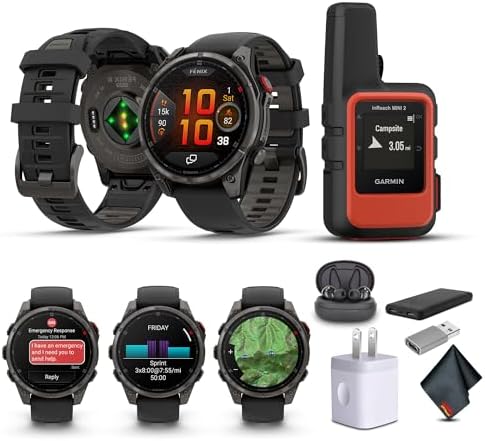 Garmin Fenix 8 Pro 47mm Multisport GPS Smartwatch, AMOLED Display, Sapphire, Carbon Gray DLC Titanium Pebble Gray Silicone Band, Wilderness Bundle with inReach Mini 2 Satellite Communicator and More