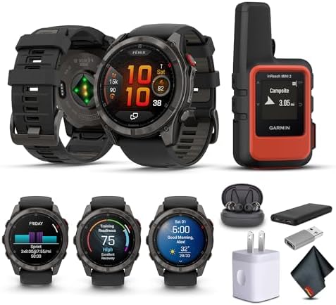 Garmin Fenix 8 Pro 51mm, AMOLED Display, Multisport GPS Smartwatch, Sapphire Carbon Gray DLC Titanium Pebble Gray Silicone Band, Wilderness Bundle with inReach Mini 2 Satellite Communicator and More