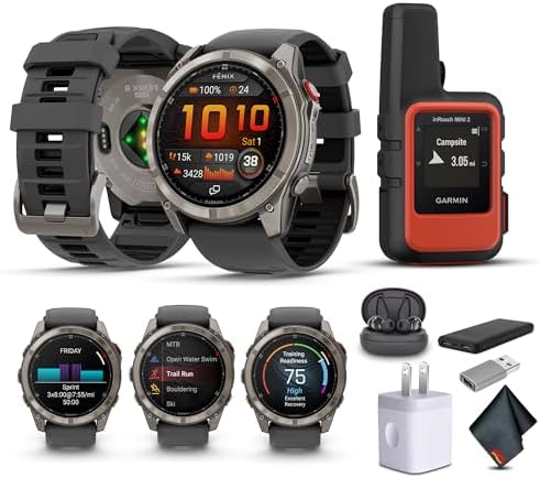 Garmin Fenix 8 Pro, 51mm, AMOLED Display, Multisport Fitness GPS Smartwatch, Sapphire Titanium with Graphite/Black Silicone Band, Wilderness Bundle with inReach Mini 2 Satellite Communicator and More