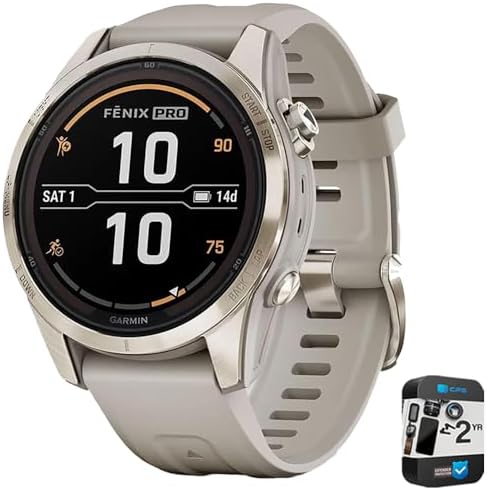 Garmin Fenix 7S Pro Solar, Sapphire, Soft Gold Steel, Light Sand Bundle with 2 Year Enhanced Protection Pack (Renewed)