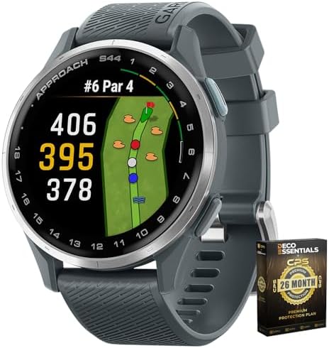 Garmin 010-03009-01 Approach S44 GPS Golf Smartwatch, Silver Aluminum Bezel with Twilight Band Bundle with Deco Essentials Exclusive 26 Month CPS Enhanced Protection Pack