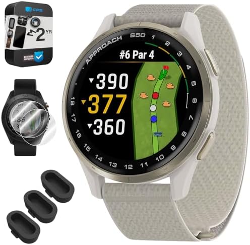 Garmin Approach S50, Advanced Golf GPS Smartwatch, AMOLED Display, On-Course Features, Cream Gold Aluminum Bezel with Ivory ComfortFit Nylon Band - Bundle w/Deco Essentials 2-Year CPS Plan