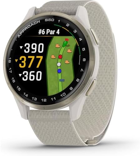 Garmin Approach S50, Advanced Golf GPS Smartwatch, AMOLED Display, On-Course Features, Cream Gold Aluminum Bezel with Ivory ComfortFit Nylon Band - Bundle w/Deco Essentials 2-Year CPS Plan