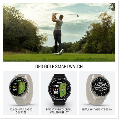 Garmin Approach S50, Advanced Golf GPS Smartwatch, AMOLED Display, On-Course Features, Cream Gold Aluminum Bezel with Ivory ComfortFit Nylon Band - Bundle w/Deco Essentials 2-Year CPS Plan