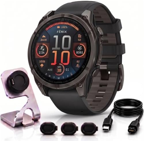 Garmin Fenix 8 47mm AMOLED Sapphire Multisport GPS Smartwatch, Carbon Gray Titanium with Black Silicone Band, 010-02904-20 - Bundle w/Deco Essentials Charging Dock, Dust Cover and USB-C Cable