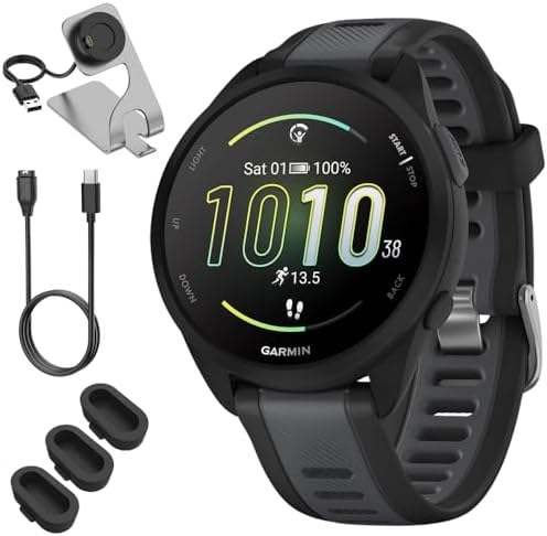 Garmin 010-02863-20 Forerunner 165 Smart Sport Watch, Black + Slate Gray Bundle with Deco Essentials Charging Dock, 3X Silicone Dust Cover and USB Type C Charging and Sync Cable