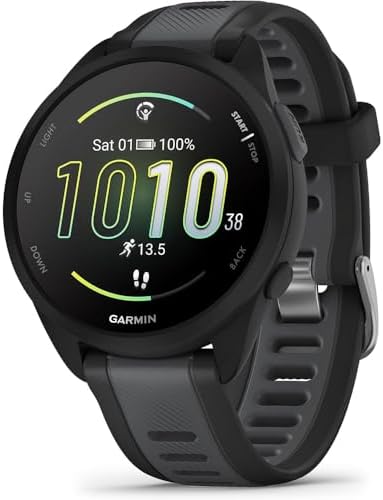 Garmin 010-02863-20 Forerunner 165 Smart Sport Watch, Black + Slate Gray Bundle with Deco Essentials Charging Dock, 3X Silicone Dust Cover and USB Type C Charging and Sync Cable