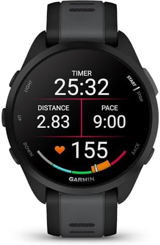 Garmin 010-02863-20 Forerunner 165 Smart Sport Watch, Black + Slate Gray Bundle with Deco Essentials Charging Dock, 3X Silicone Dust Cover and USB Type C Charging and Sync Cable