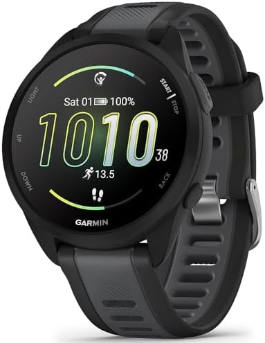 Garmin 010-02863-20 Forerunner 165 Smart Sport Watch Black + Slate Gray Bundle with Deco Essentials Charging Dock, Silicone Dust Cover 3 Pack and Screen Protector for 1.2 inch 2 Pack