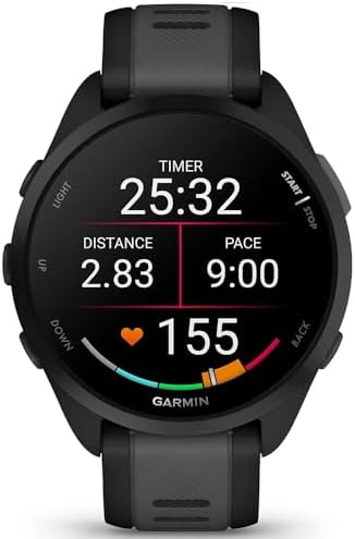 Garmin 010-02863-20 Forerunner 165 Smart Sport Watch Black + Slate Gray Bundle with Deco Essentials Charging Dock, Silicone Dust Cover 3 Pack and Screen Protector for 1.2 inch 2 Pack