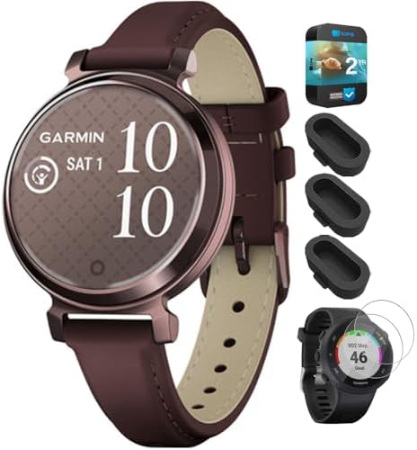Garmin 010-02839-03 Lily 2 Classic Dark Bronze with Mulberry Leather Band Smartwatch Bundle with Dust Cover 3 Pack, Tempered Glass Screen Protector 2 Pack and 2 YR CPS Enhanced Protection Pack