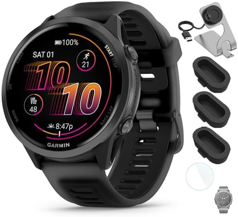 Garmin 010-02971-00 Forerunner 570-47mm GPS Smartwatch Aluminum and Black Band Bundle with Deco Essentials Charging Dock, Deco Essentials Silicone Dust Cover 3 Pack and 1.4 Inch Screen Protector