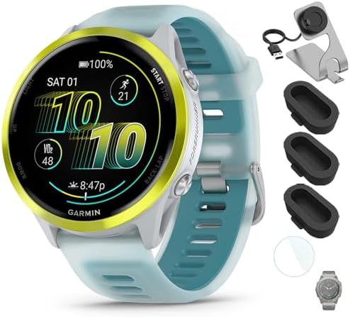 Garmin 010-02971-01 Forerunner 570-47mm GPS Smartwatch Aluminum and Whitestone/Turquoise Band Bundle with Deco Essentials Charging Dock, Silicone Dust Cover 3 Pack and 1.4 Inch Screen Protector