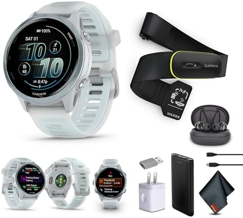 Garmin Forerunner 570 Running Smartwatch, 42MM WiFi, GPS Fitness Watch for Men and Women, Cloud Blue Aluminum with Translucent Whitestone/Cloud Blue Band​​ + Access 600 Fitness Monitor XS-S​​ + More