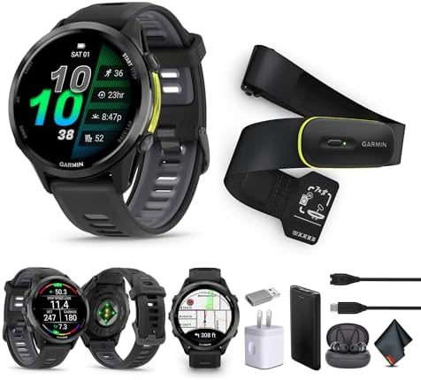 Garmin Forerunner 970 Running Smartwatch, GPS Fitness Watch for Men and Women, Carbon Gray DLC Titanium with Black Case/Translucent Whitestone Band​​ + Access 600 Fitness Monitor, M-XL​ + More