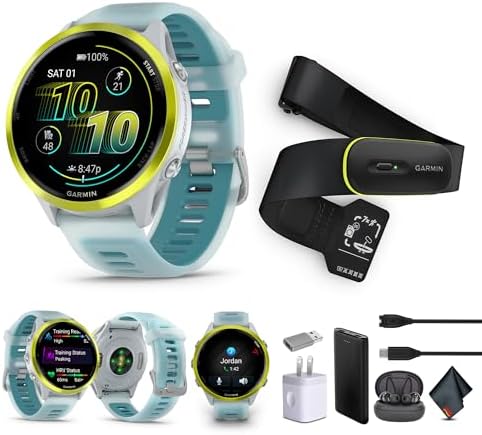 Garmin Forerunner 570 Running Smartwatch, 47MM WiFi, GPS Fitness Watch for Men and Women, Amp Yellow Aluminum with Translucent Whitestone/Turquoise Band​ + Access 600 Fitness Monitor, M-XL​ + More