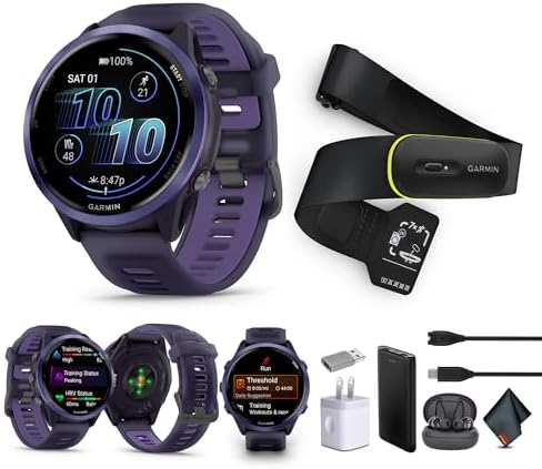 Garmin Forerunner 570 Running Smartwatch, 47MM WiFi, GPS Fitness Watch for Men and Women, Indigo Aluminum with Translucent Imperial Purple/Indigo Band​ + Access 600 Fitness Monitor, M-XL​ + More