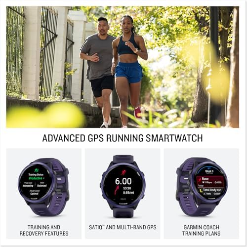 Garmin Forerunner 570 Running Smartwatch, 47MM WiFi, GPS Fitness Watch for Men and Women, Indigo Aluminum with Translucent Imperial Purple/Indigo Band​ + Access 600 Fitness Monitor, M-XL​ + More