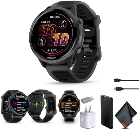 Garmin Forerunner 570 Running Smartwatch, 47MM WiFi, GPS Fitness Smart Watch for Men and Women, Slate Gray Aluminum with Translucent Black/Black Band​ Bundle with P-Bank + More