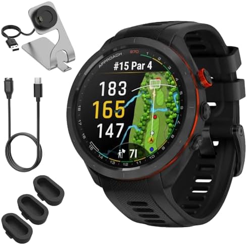 Garmin 010-02746-02 Approach S70 47 mm Premium GPS Golf Watch, Black Band Bundle with Deco Essentials Charging Dock, 3X Silicone Dust Cover and USB Type C Charging and Sync Cable