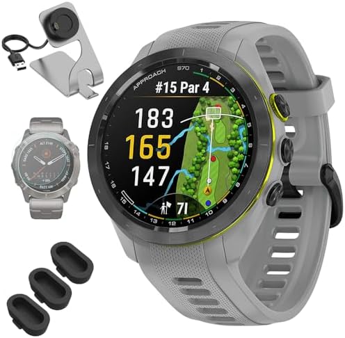 Garmin 010-02746-01 Approach S70 42 mm Premium GPS Golf Watch, Powder Grey Band Bundle with Deco Essentials Charging Dock, 3X Silicone Dust Cover and 1.4 Inch Screen Protector