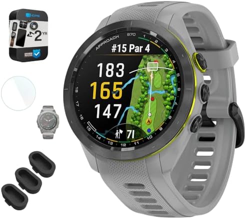 Garmin 010-02746-01 Approach S70 42 mm Premium GPS Golf Watch Powder Grey Band Bundle with Deco Essentials Silicone Dust Cover 3 Pack, 1.4 Inch Screen Protector and 2 YR CPS Enhanced Protection Pack
