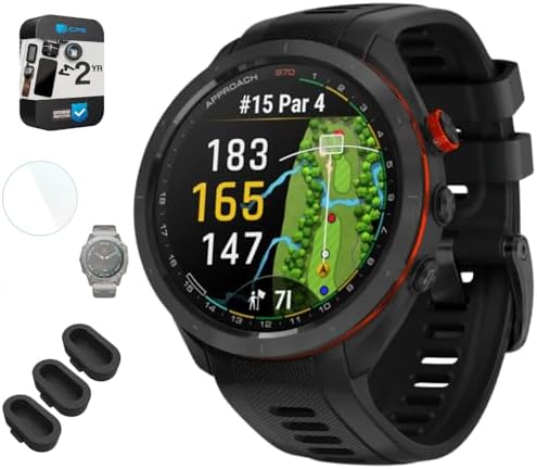 Garmin 010-02746-02 Approach S70 47 mm Premium GPS Golf Watch Black Band Bundle with Deco Essentials Silicone Dust Cover 3 Pack, 1.4 Inch Screen Protector and 2 YR CPS Enhanced Protection Pack