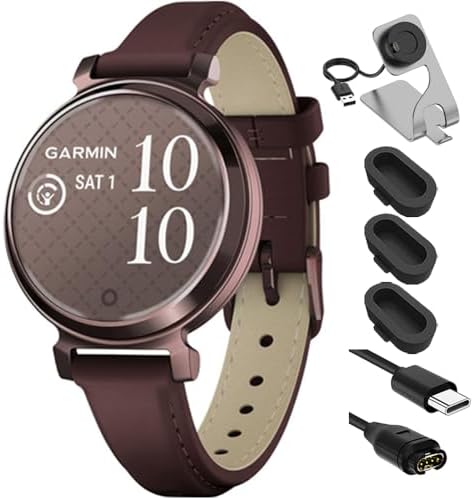 Garmin 010-02839-03 Lily 2 Classic Dark Bronze with Mulberry Leather Band Smartwatch Bundle with Deco Essentials Charging Dock, Silicone Dust Cover 3 Pack and USB Type C Charging and Sync Cable