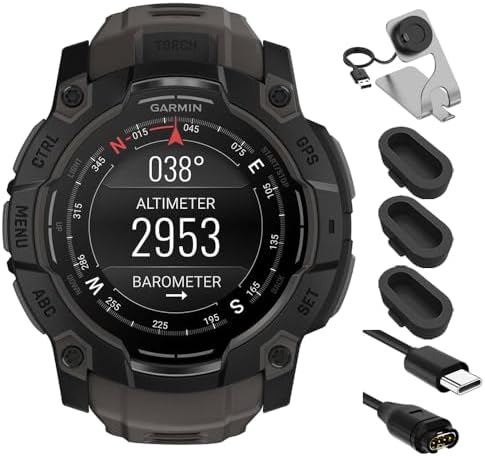 Garmin 010-03020-00 Instinct 3-50 mm Outdoor GPS Smartwatch AMOLED Black with Black Band Bundle with Deco Essentials Charging Dock, Silicone Dust Cover 3 Pack and USB Type C Charging and Sync Cable