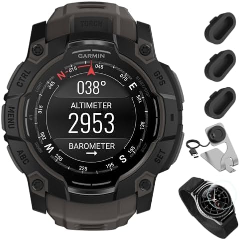 Garmin Instinct 3-50 mm Outdoor GPS Smartwatch, AMOLED, Black with Black Band Bundle with Deco Essentials Charging Dock for Venu 3 + Silicone Dust Cover + Round Tempered Glass Screen Protector