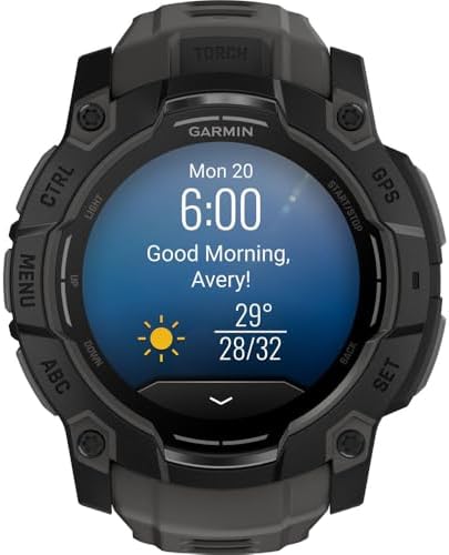 Garmin Instinct 3-50 mm Outdoor GPS Smartwatch, AMOLED, Black with Black Band Bundle with Deco Essentials Charging Dock for Venu 3 + Silicone Dust Cover + Round Tempered Glass Screen Protector