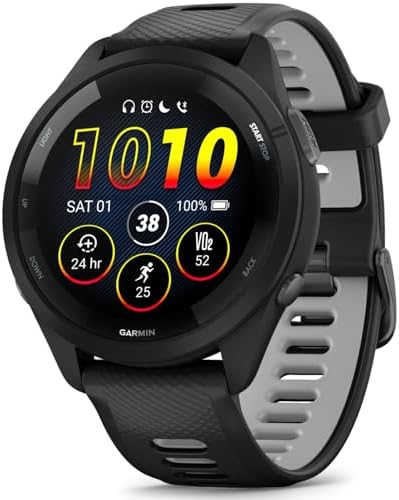 Garmin Forerunner 265 Running GPS Smartwatch, AMOLED Display, 46mm, Black/Powder Gray, 010-02810-00 - Bundle w/Deco Essentials Charging Dock, Dust Cover and Screen Protector