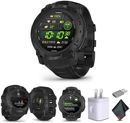 Garmin Instinct 3 Tactical Edition AMOLED 50mm Display, Rugged Outdoor GPS Smartwatch Bundle with USB Wall Charger + Microfiber Cleaning Cloth