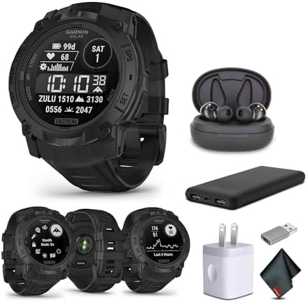 Garmin Instinct 3 Tactical Edition, Solar Charged 50mm Display, Outdoor Rugged GPS Smartwatch Bundle with USB Wall Charger + Microfiber Cleaning Cloth + More