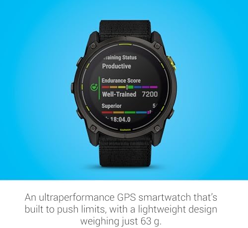 Garmin Enduro 3 GPS Smartwatch 51mm Solar Sapphire, Ultra Battery Life, Mapping, Built-in LED Flashlight, Carbon Gray DLC Titanium, Black UltraFit Nylon Strap (Renewed)