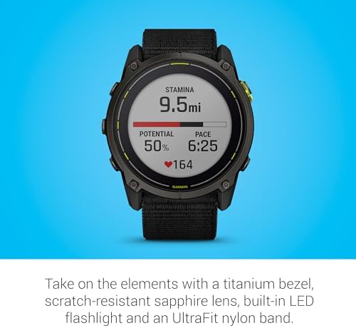 Garmin Enduro 3 GPS Smartwatch 51mm Solar Sapphire, Ultra Battery Life, Mapping, Built-in LED Flashlight, Carbon Gray DLC Titanium, Black UltraFit Nylon Strap (Renewed)