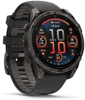 Garmin Fenix 8 47MM AMOLED Sapphire Premium Multisport GPS Smartwatch Carbon Gray DLC Titanium with Gray Silicone Band, Health & Fitness Smart Watch Bundle with Approach Z30 Golf Laser Range Finder