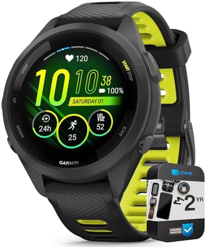 Garmin 010-02810-03 Forerunner 265S GPS Smartwatch Black/Amp Yellow Bundle with 2 YR CPS Enhanced Protection Pack (Renewed)
