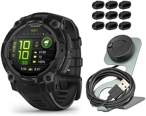 Garmin Instinct 3 45mm AMOLED GPS Smartwatch (Black) Bundle with Focus Camera Portable Charger Stand and Focus Charger Port Protectors (9-Pack) (3 Items)