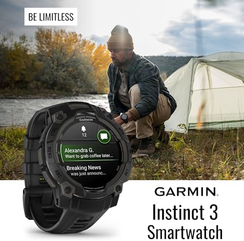 Garmin Instinct 3 45mm AMOLED GPS Smartwatch (Black) Bundle with Focus Camera Portable Charger Stand and Focus Charger Port Protectors (9-Pack) (3 Items)