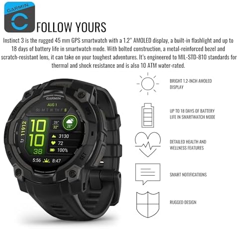 Garmin Instinct 3 45mm AMOLED GPS Smartwatch (Black) Bundle with Focus Camera Portable Charger Stand and Focus Charger Port Protectors (9-Pack) (3 Items)