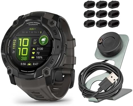 Garmin Instinct 3 50mm AMOLED GPS Smartwatch (Black and Charcoal Band) Bundle with Focus Camera Portable Charger Stand and Focus Charger Port Protectors (9-Pack) (3 Items)