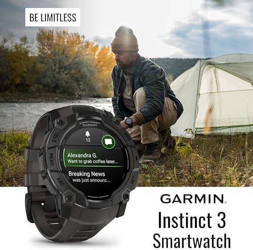 Garmin Instinct 3 50mm AMOLED GPS Smartwatch (Black and Charcoal Band) Bundle with Focus Camera Portable Charger Stand and Focus Charger Port Protectors (9-Pack) (3 Items)