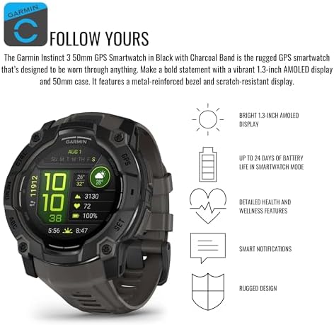 Garmin Instinct 3 50mm AMOLED GPS Smartwatch (Black and Charcoal Band) Bundle with Focus Camera Portable Charger Stand and Focus Charger Port Protectors (9-Pack) (3 Items)