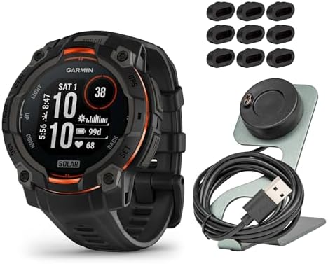 Garmin Instinct 3 45mm Solar GPS Smartwatch with Built-in Flashlight (Black) Bundle with Focus Camera Portable Charger Stand and Focus Charger Port Protectors (9-Pack) (3 Items)