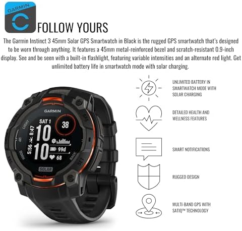 Garmin Instinct 3 45mm Solar GPS Smartwatch with Built-in Flashlight (Black) Bundle with Focus Camera Portable Charger Stand and Focus Charger Port Protectors (9-Pack) (3 Items)
